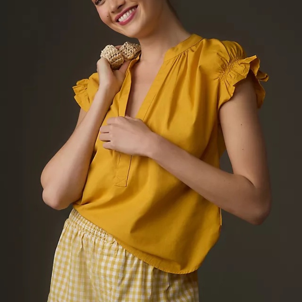 Anthropologie The Tatum Linen Flutter-Sleeve Blouse by Pilco